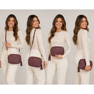 Michael Kors burgundy pebbled leather crossbody camera bag gold tassel